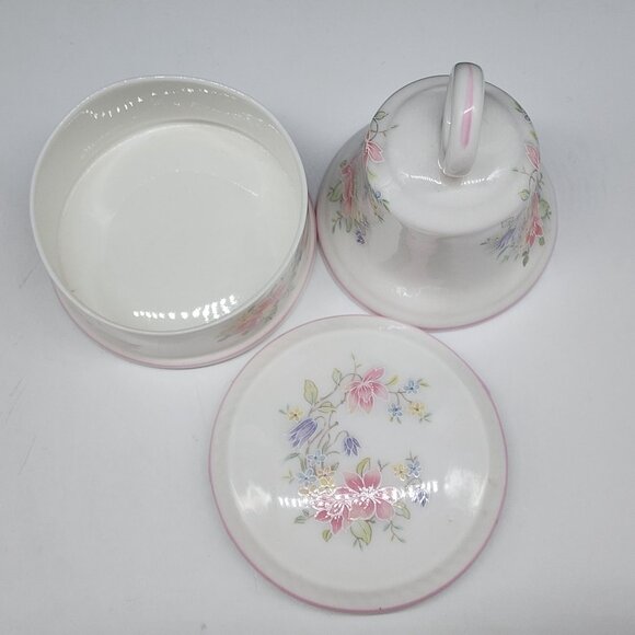 St. George Fine Bone China Bell and Trinket Box Pastel Floral Pink Purple VTG - Picture 6 of 8